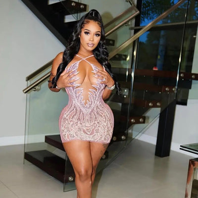 Shiny See Through Mesh Diamond Pink Mini Dress