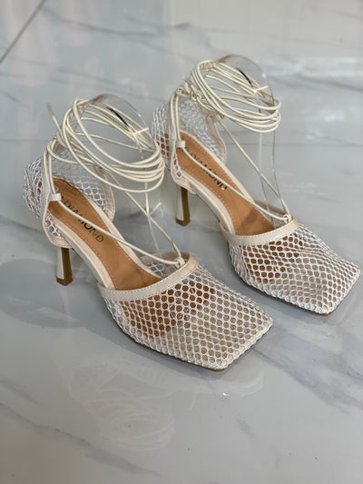 Mesh square lace-up high heels