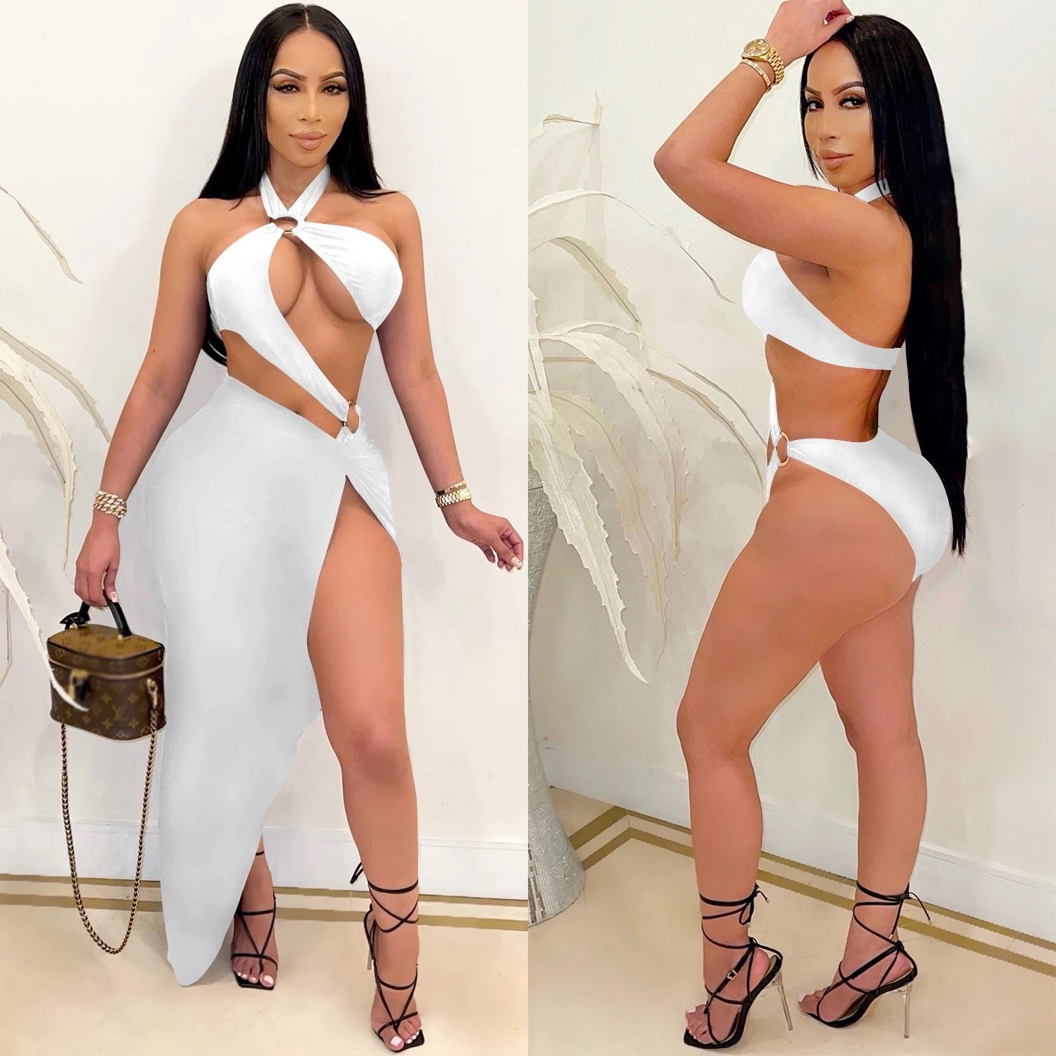 Sexy Halter High Split Two Piece Long Skirt Set