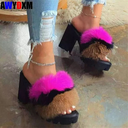 thick bottom light weight fur heel