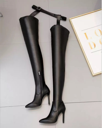 Waterproof Leather Over Knee Thigh High Boots Black