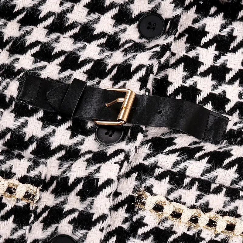 black white plaid long sleeve winter coat