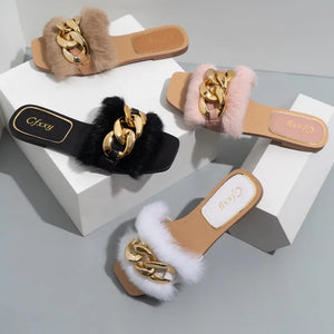 gold chain luxury fur sandals